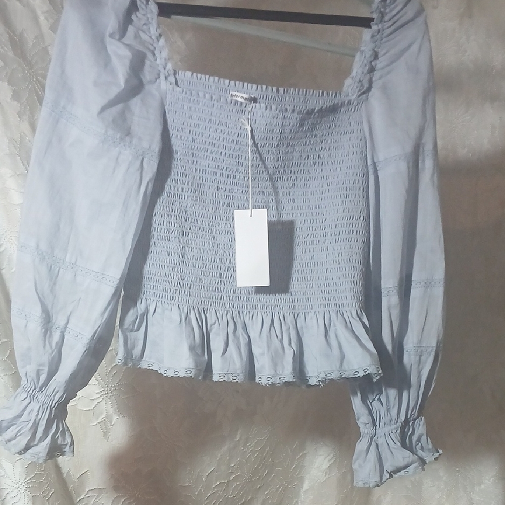 Reformation Sky Blue Smocked Blouse